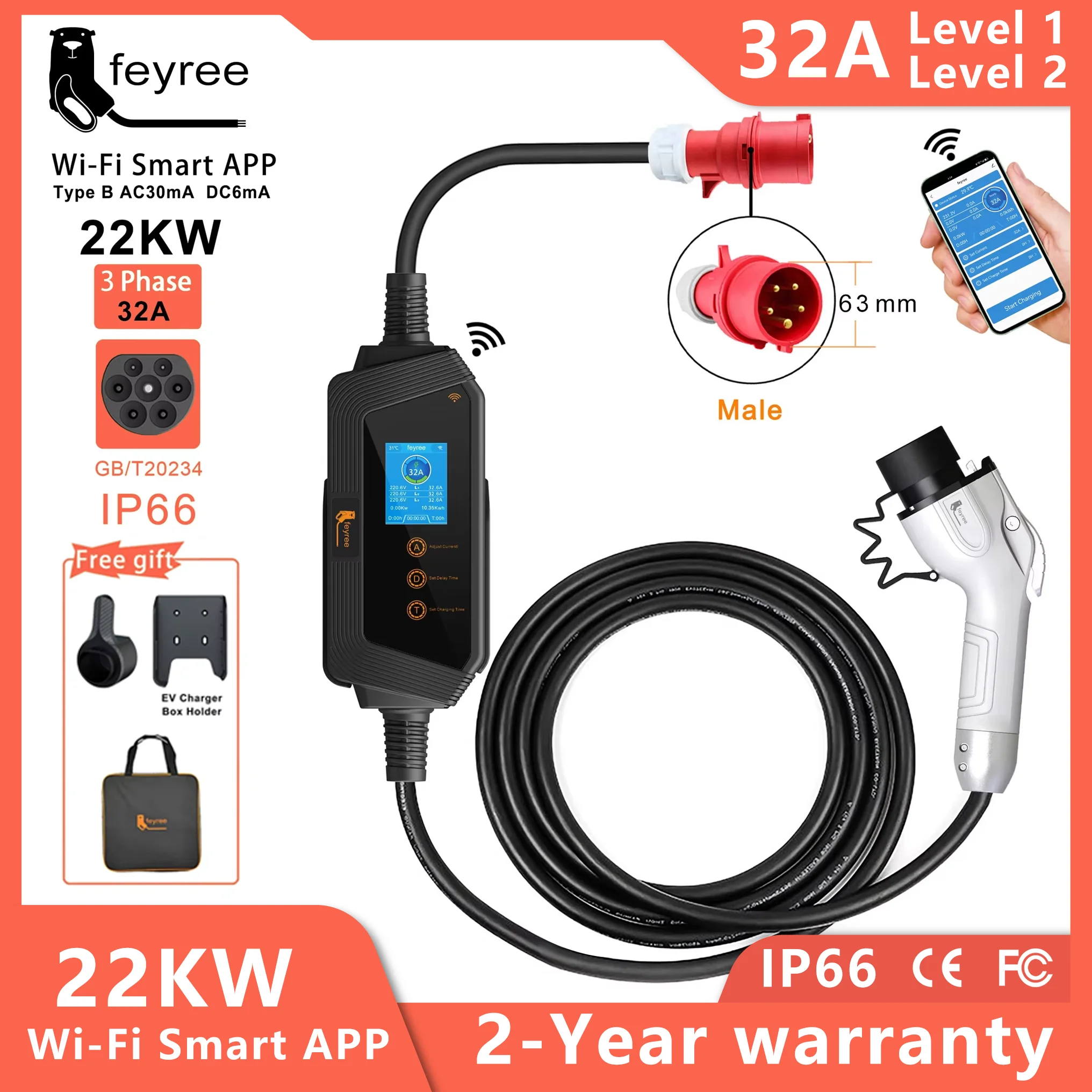 feyree Portable EV Charger GBT Plug 22KW 32A 3Phase EVSE Fast Charging Wi-Fi Smart APP Control for Electric Vehicle Car Charger