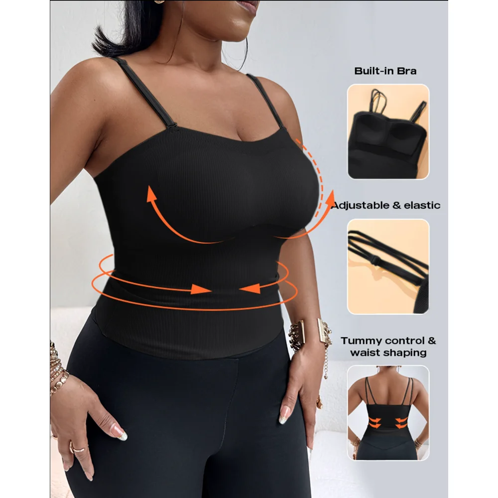 

Summer Women Double Spaghetti Strap Built in Bra Slim Fit Tank Top Sexy Back Criss Cross Workout Camisole Tops Clothing