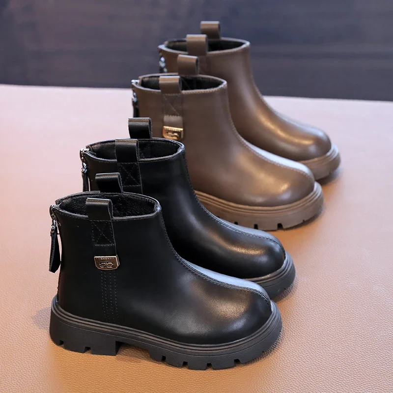 Simple Kids Leather Boots Classic Causal Black Boots for Girls School Catwalk Versatile Children Fashion Ankle Boots Back Zipper