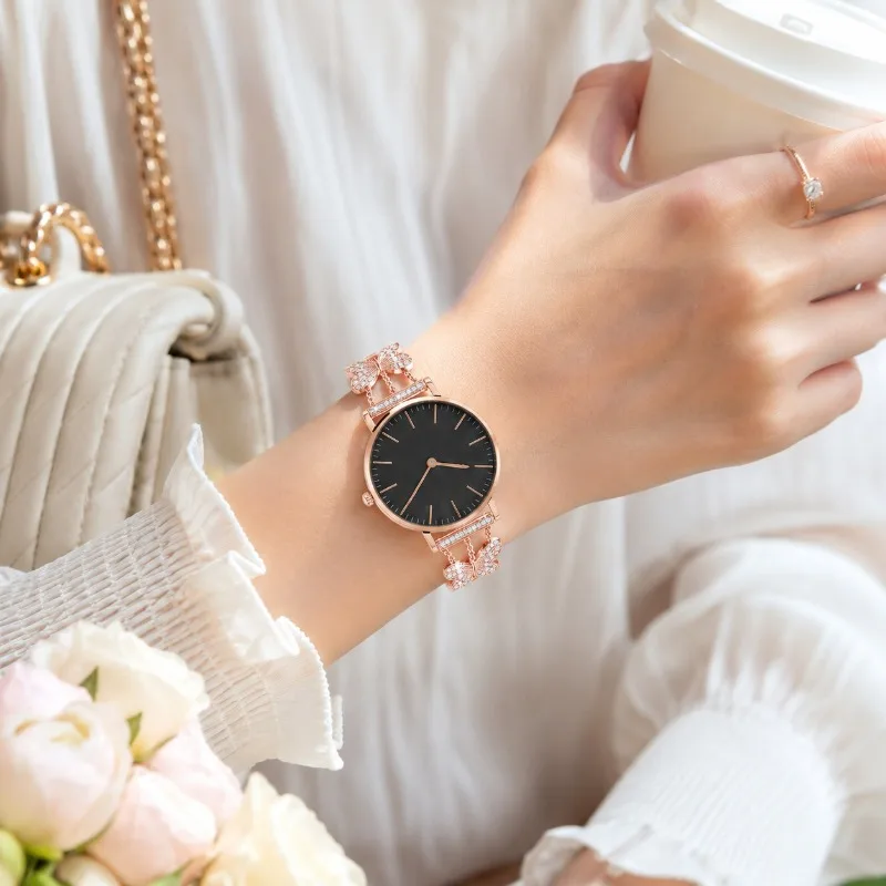 Fashion Women Wristwatch Thin Rose Gold Case Black Dial Sparkling Rhinestone Butterfly Bracelet Watch Luxury Ladies Quartz Clock