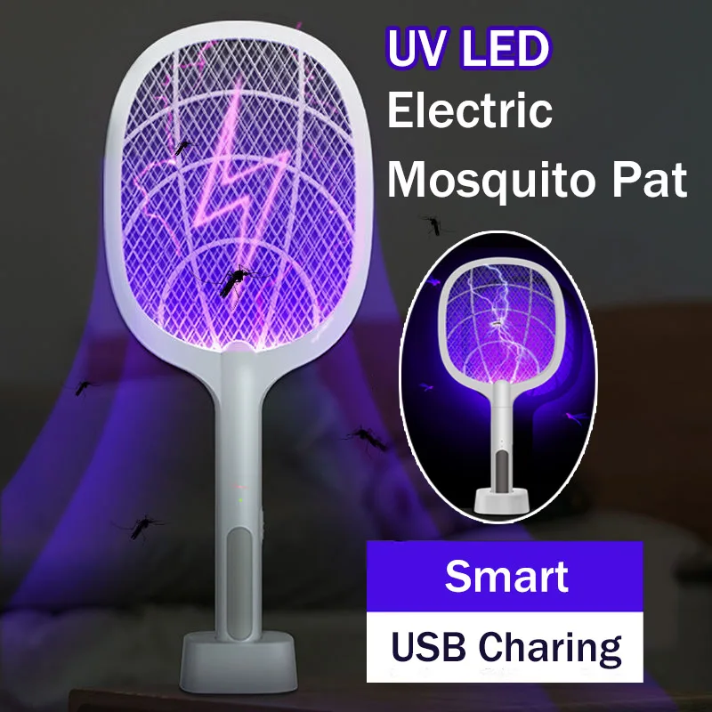 2 in 1 Electric Fly Swatter UV Led Mosquito Killler with Base Holder USB Rechargeable Fast Pest Control for Home Outdoor Camping