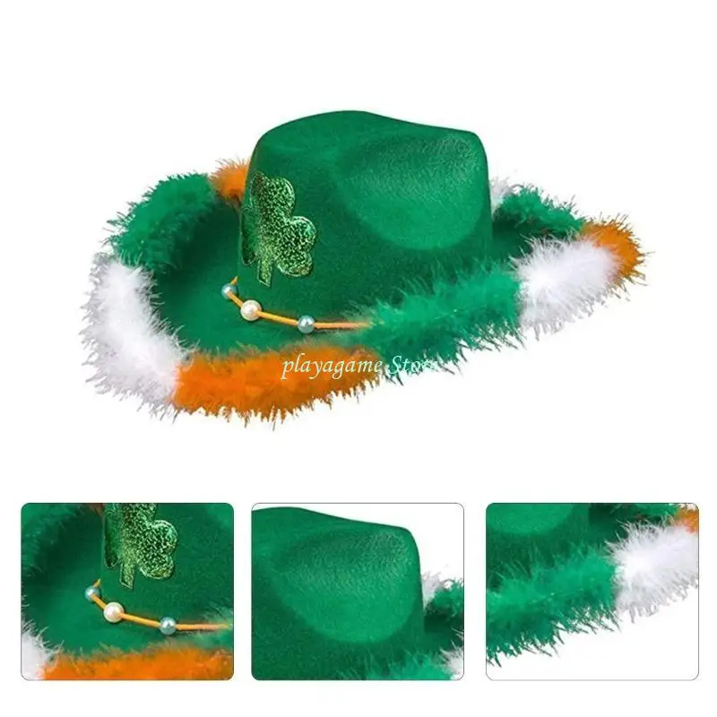 Y88A Ierse Nationale Dag Hoge Hoed Groene Cowgirl Hoed Brede Rand Hoed Mode Patrick Day Fedora Muzikaal Festival Hoed