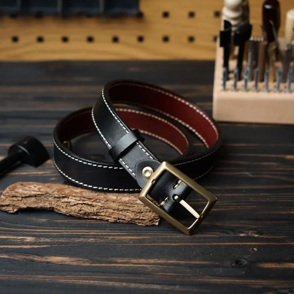 حزام جلدي مخيط بسمك 5.5 مم على الطراز القديم مع مشبك نحاسي صلب بعرض 3.3 سم إصدار ضيق #3