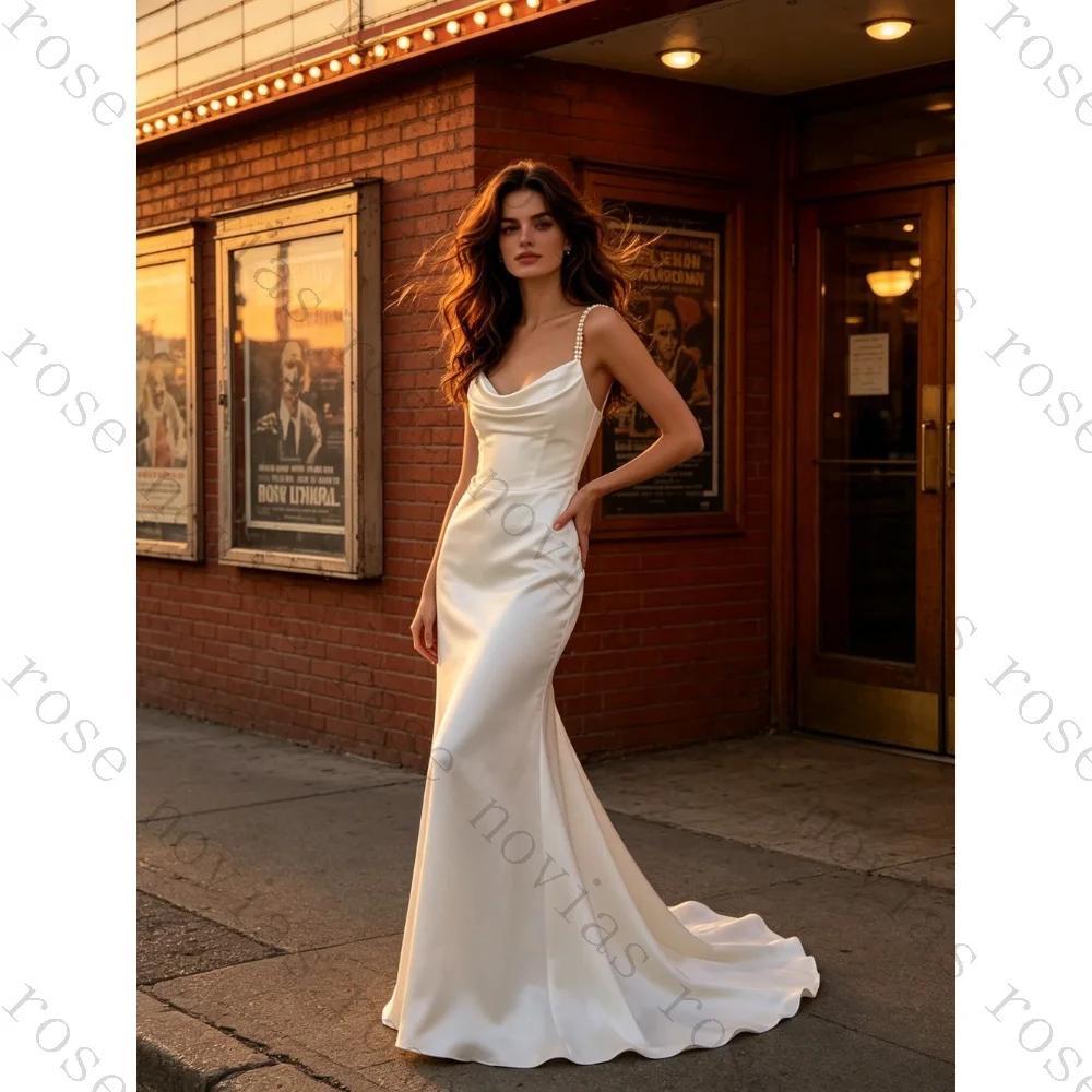 Customized Strapless Pearl Suspender Satin Wedding Dresses 2026 New White Sleeveless Backless Mermaid Bridal Gown Minimalism
