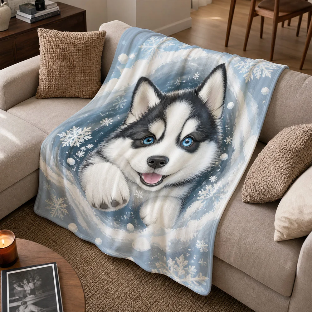 Cozy Husky Dog Snowflake Pattern Throw Blanket for Sofa Couch Winter Decor Pet Lover Gift Fleece Warm Throw