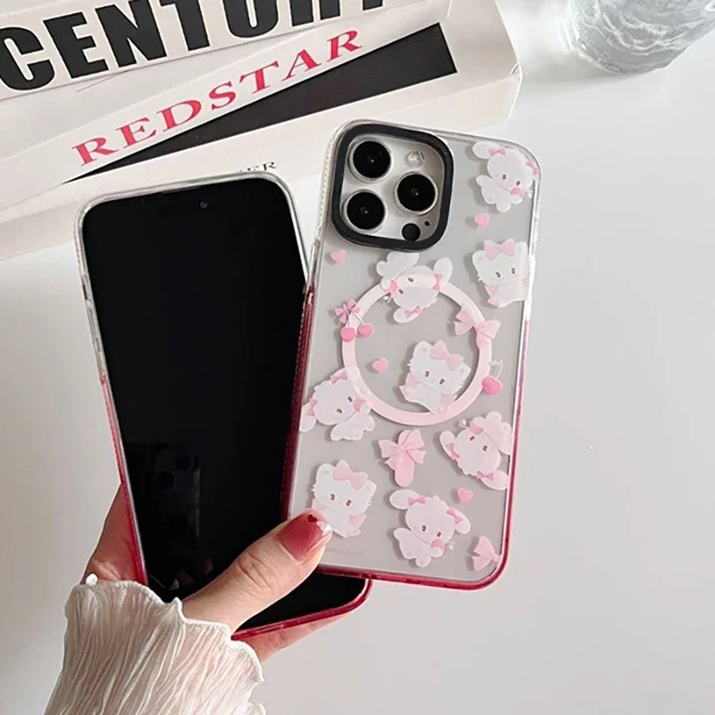 Cute Cartoon Cat Pink Gradient Transparent Border Magnetic IPhone 13 14 15 16 Pro Max Case