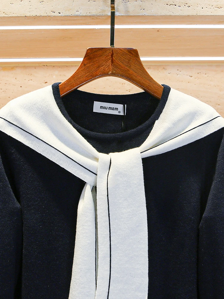 Miumem Navy Collar Knitted Sweater Women's Top with Belt Autumn Winter College Sle Long Sve Regular Fit Commute Sle