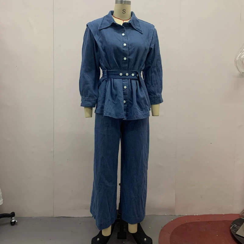 Women Two Piece Sets Turn Down Collar Jeans High Waist Belt Tops Wide Leg Long Pants Retro Fashion Denim Trousers Set 2025