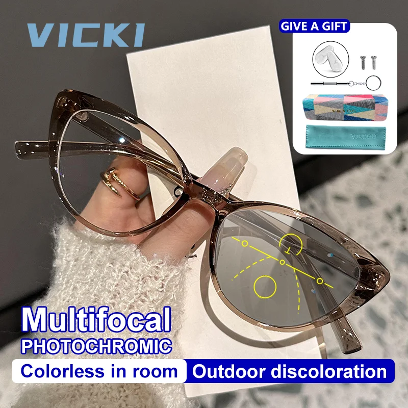 VICKI Minimalist Cat-Eye Fashionable Design Progressive Multifocal Photochromic Anti Blue-ray Glasses Customizable Prescription