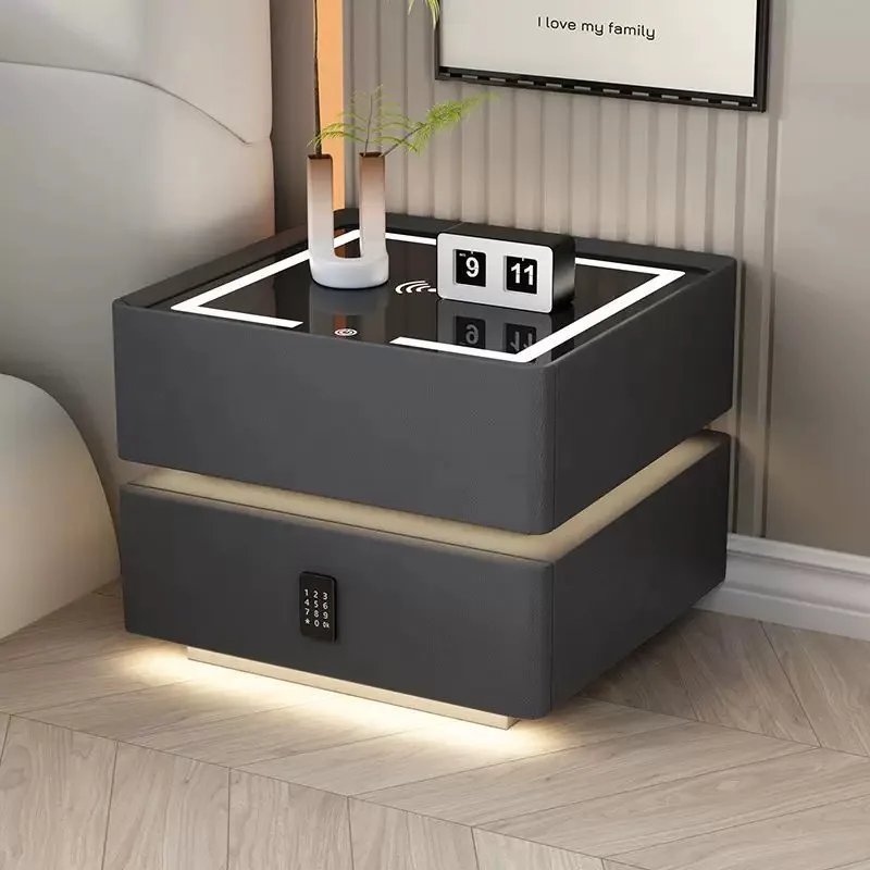 طاولة سرير ذكية من الخشب الفاخر الحديث مع إضاءة LED ومكبرات صوت شحن لاسلكية وبصمات الأصابع مع درج لغرفة النوم وأثاث أبيض