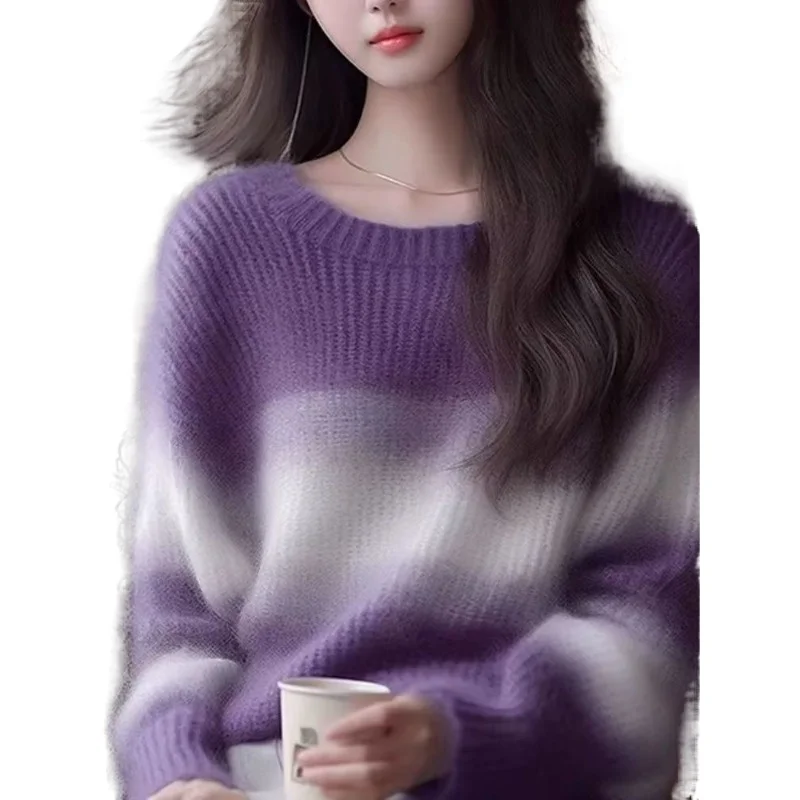 

[ High-quality Fabric ] Pullovers 2026 New Autumn and Winter Loose Lazy Top Crew Neck Purple Striped Knitted Sweater for Women