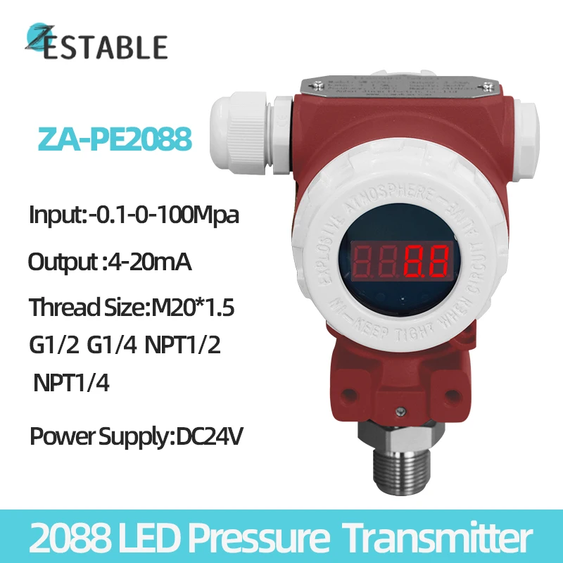 2088 LED Display Pressure Transmitter 4-20mA Output Measuring -0.1-100Mpa Water Air Oil Liquid Positive Negative Pressure Sensor