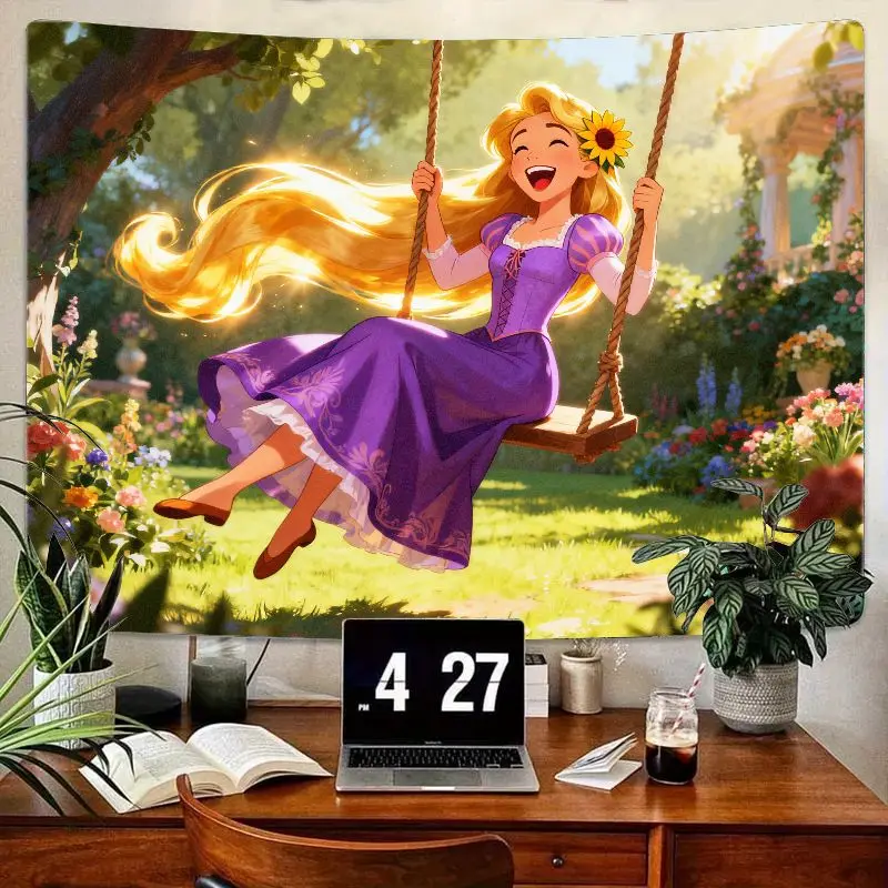 

1 шт. гобелен принцессы Рапунцель Диснея, счастливые качающиеся золотые волосы, настенное искусство, полиэстер, декор для садовой комнаты, подарок для девочек.