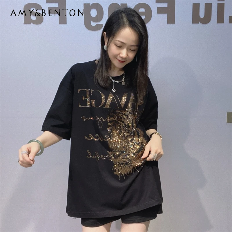 

Unisex Oversized Streetwear Crew Neck Short Sleeves Tee Summer Heavy Rhinestone Loose Couple Diamond Drills Casual Daily T-shirt