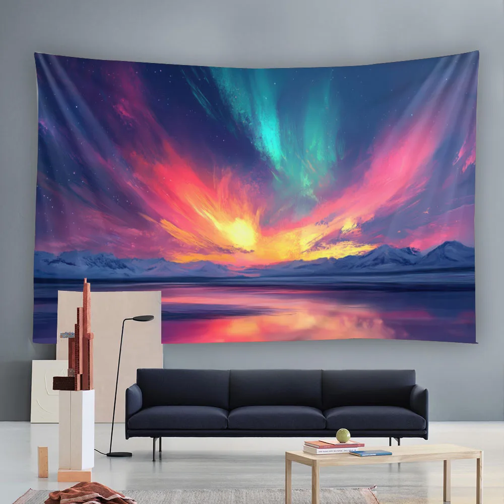 Snowy Mountain Aurora Tapestry Starry Night Wall Hanging - Multi Size Lake View Aesthetic Home Living Room Decor Background