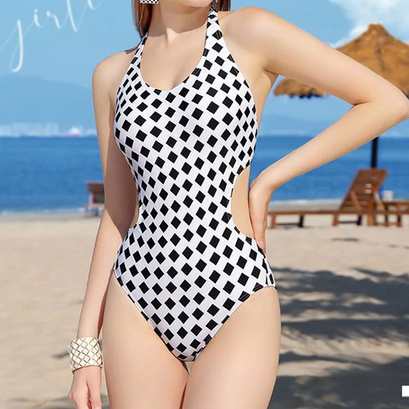 

2023 New Women's Clothing Summer Conjoined Body Triangular Sexy Backless Slimming Sports Black White Plaid Printed Swimwears