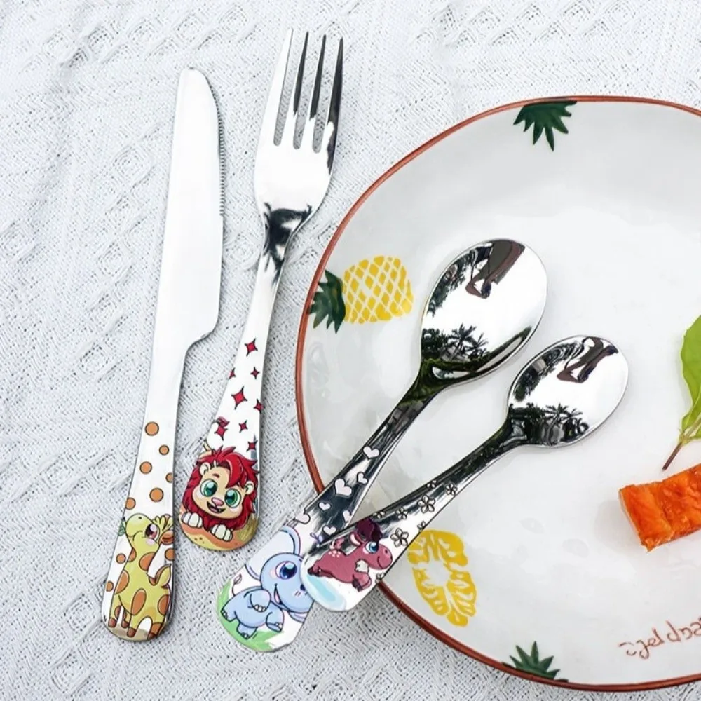 New 304 Stainless Steel Children Cutlery Set Silver Cartoon Animals Tableware Dishwasher Safe Cute Dinnerware Table Setting