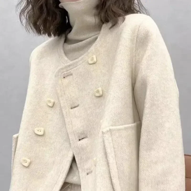 여성용 그레이 숏 양면 캐시미어 코트, 고급 한국 용수철, 작은 향기 바람 울 코트, 가을 패션, 신상