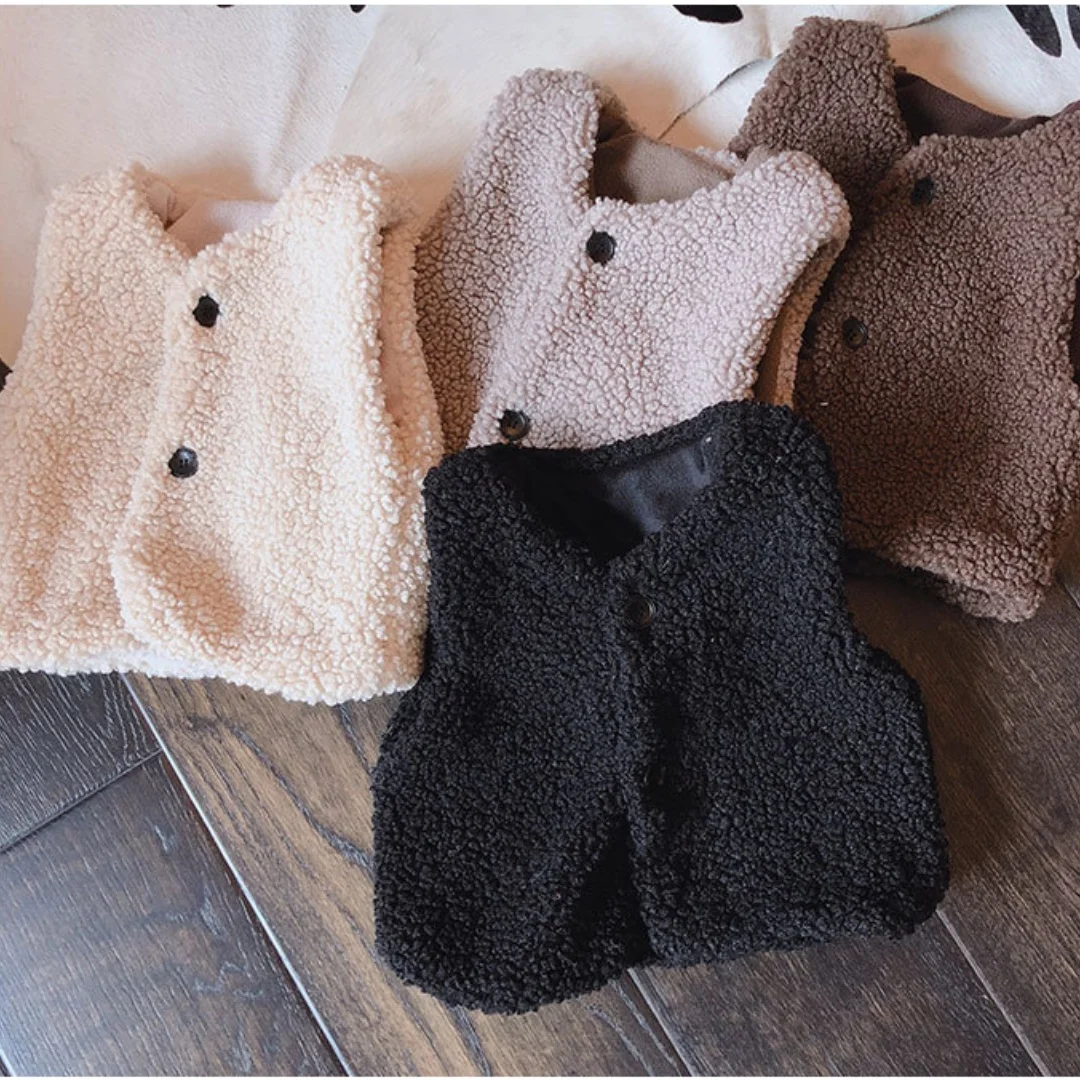 

2025 New Style Children's Coat Sherpa Fleece Vest Kids Boys Girls Warm Plush Sleeveless Jacket Casual Solid Color Winter Clothes
