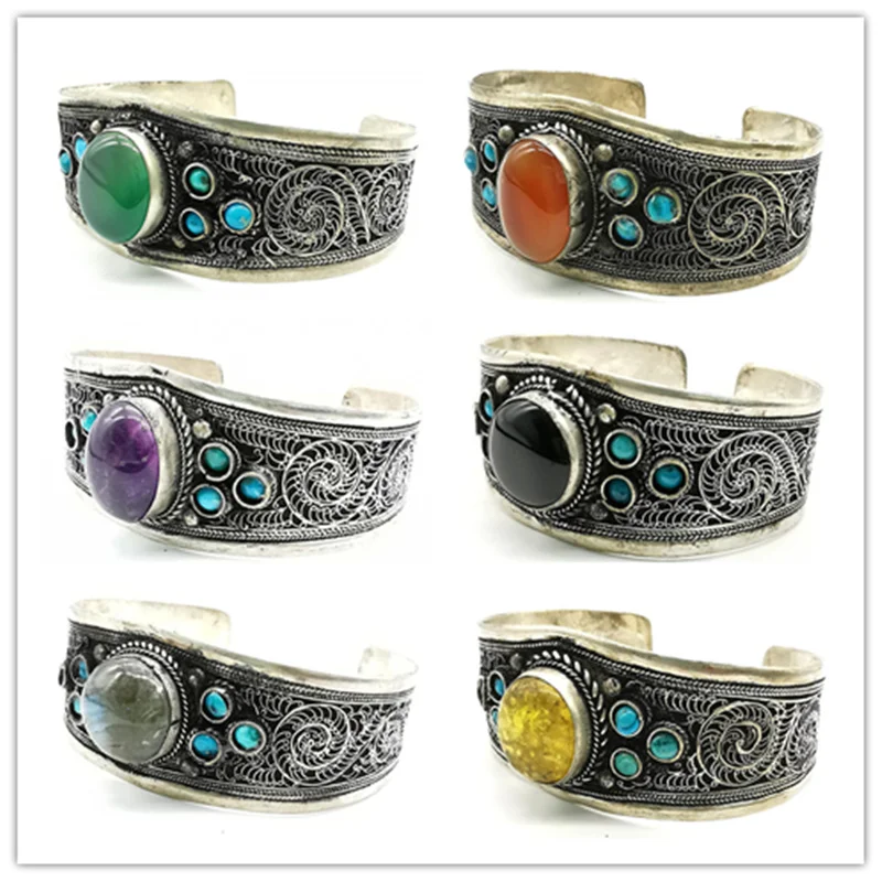 Tibetan Jewelry Copper Inlay Natural Stone Bead Wide Open Cuff Multi Stones 2024 Fashion Trend BB-019