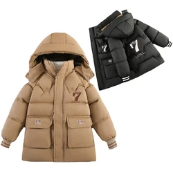 -30℃ 2025 Winter Teen Boys Jacket Plush Thick Cold Prevention Letter Print Hooded Down Cotton Outdoor Jackets For 4-11 Years