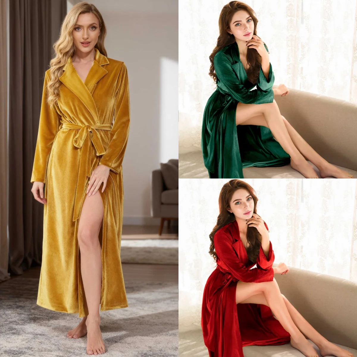 Luxury Robe Velvet Wrap Long Sleeve Self Tie Waist Side Slit Floor Length Loungewear Wedding Morning Reception Customized