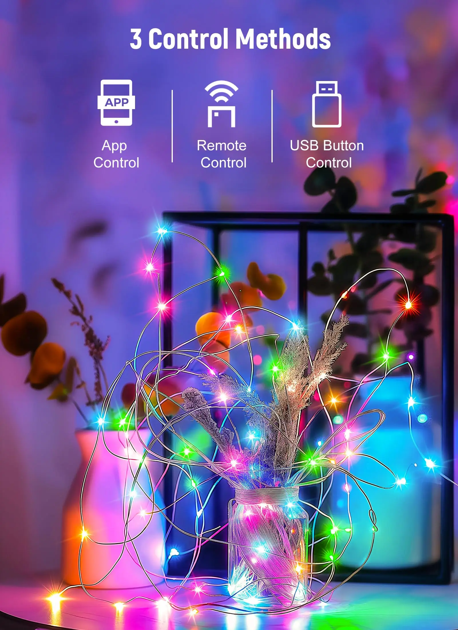 Smart USB Fairy Lights 100 LED Garland with Timer and Bluetooth App Remote String Lights for Christmas Wedding Party Decoration