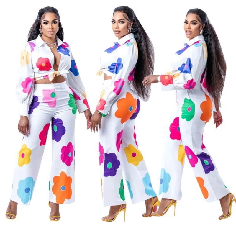 Flora Printed Women 2 Piece Set Elegant Button Up Blouse&shirts Wide Leg Pants Matching Set 2023 Autumn Office Lady Tracksuits