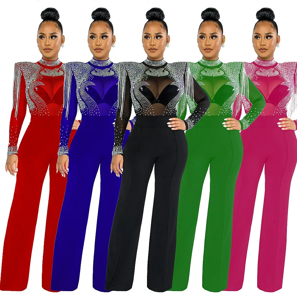 Sexy High Neck See Through Sparkly Fringe Jumpsuit Women's Slim Fit Bodysuit Playsuit