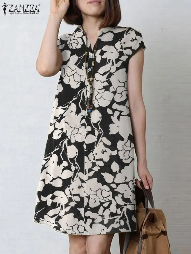 2024 Zomer Gebloemde Jurk Zanzea Vrouwen Vintage Korte Mouw V-Hals Vestidos Robe Femme Bohemian Fashion Zomerjurk Oversized