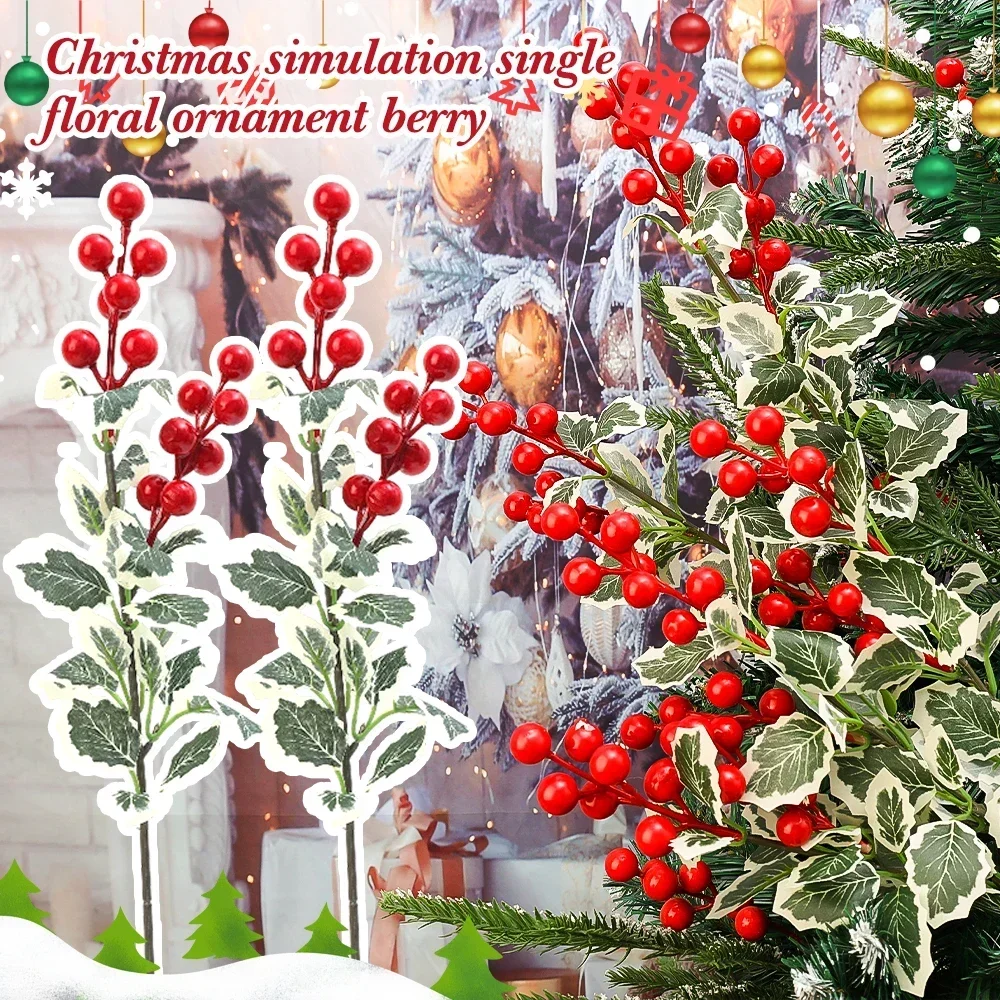 20/1PCS Articifial Holly Leaves Berry Branch Christmas Flowers DIY Ornaments New Year Party Gift Packaging Home DIY Decorations