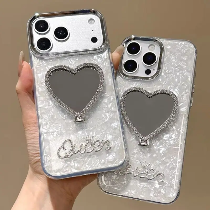 Luxury Rhinestone Heart Mirror Stand Queen Phone Case for 17 Pro Max Glitter Iridescent Shell Protect Cover for iPhone 16 15 14