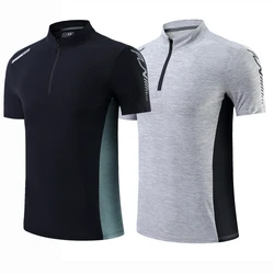 Summer Breathable Short Sleeve Zipper collar Men Running Fitness Tshirt elastic Quick Dry Sports Bodybuilding Training Shirts