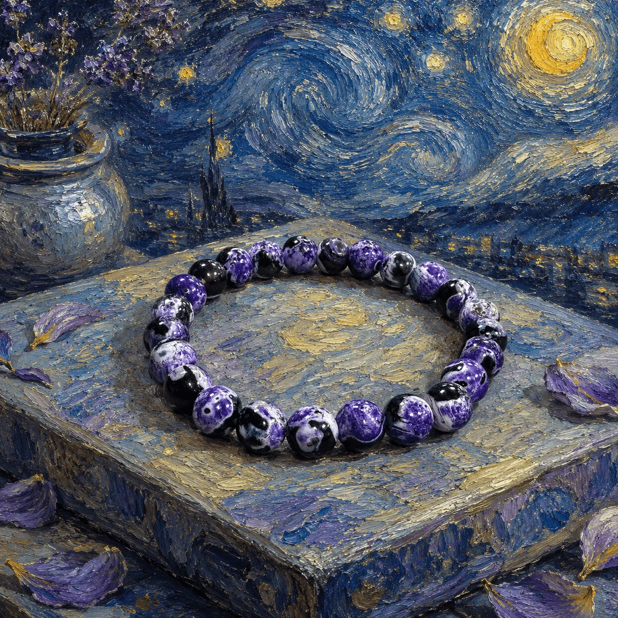 Lila Steinmuster-Perlenarmband; Inspiriert von Ölgemälden, mit abstraktem Kunststil – geeignet für den Alltag. – Detail 3