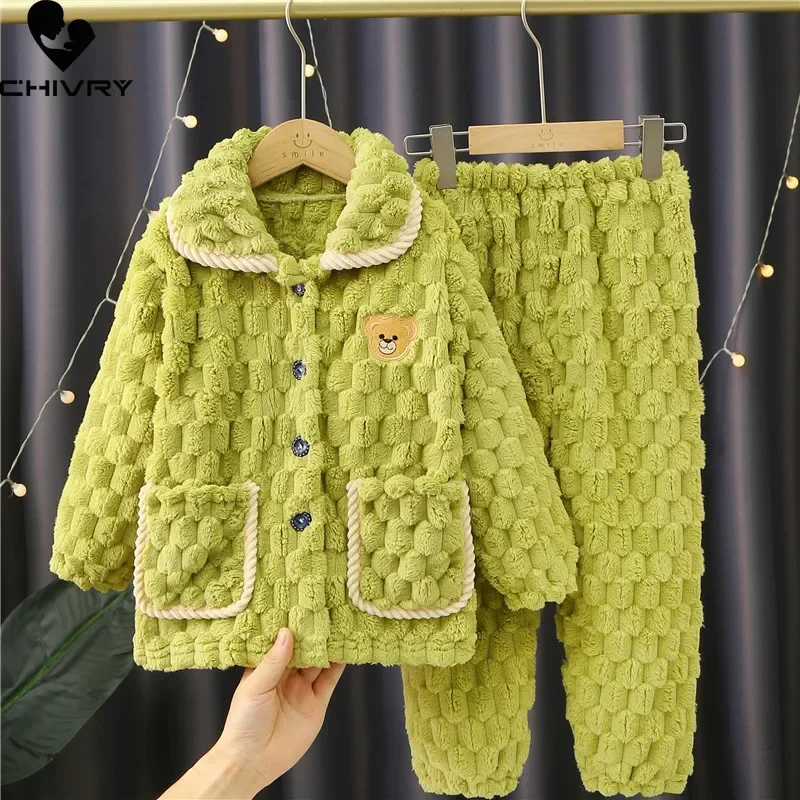 

New Kids Boys Girls Autumn Winter Flannel Thicken Pajamas Baby Cartoon Bear Long Sleeve Lapel Sleeping Clothing Sets Pyjamas