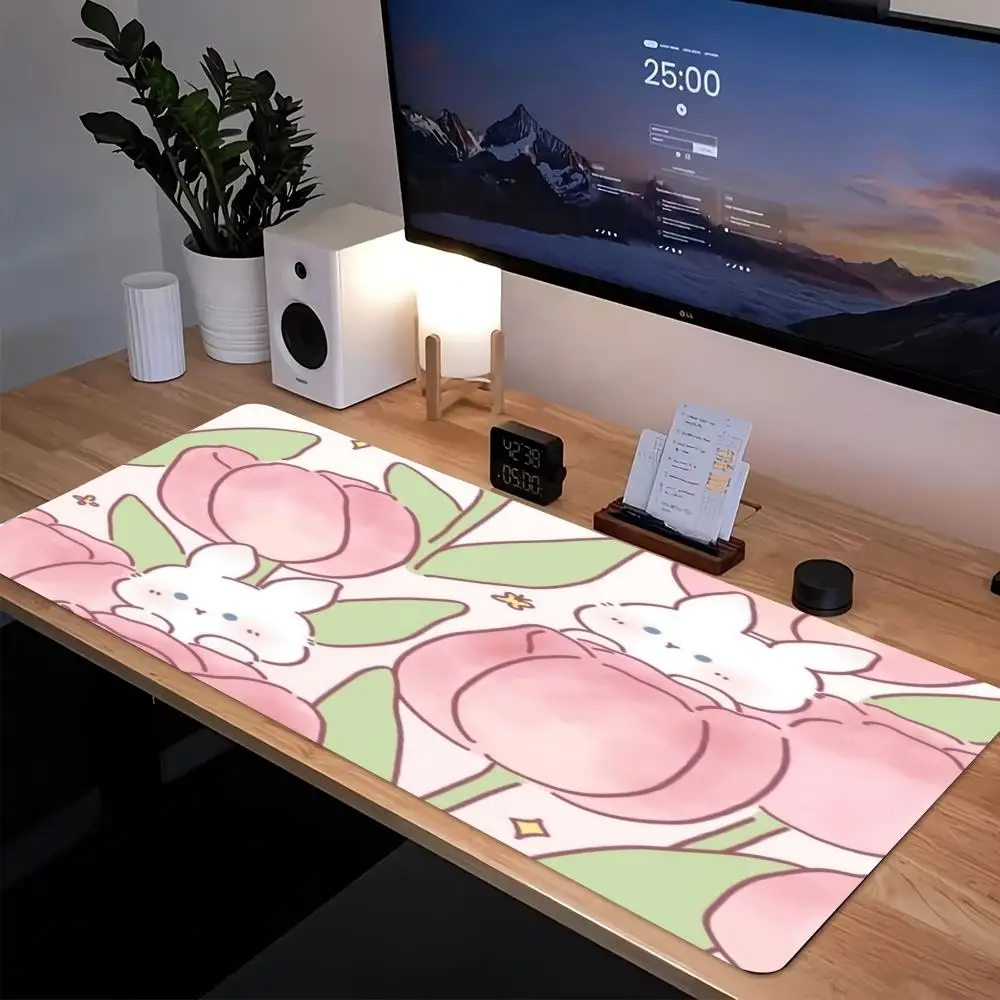 Pink Tulip Bunny Large Mouse Pad, Cute Watercolor Rabbit Desk Mat, Non-Slip Smooth Surface Gaming Mousepad for Girls