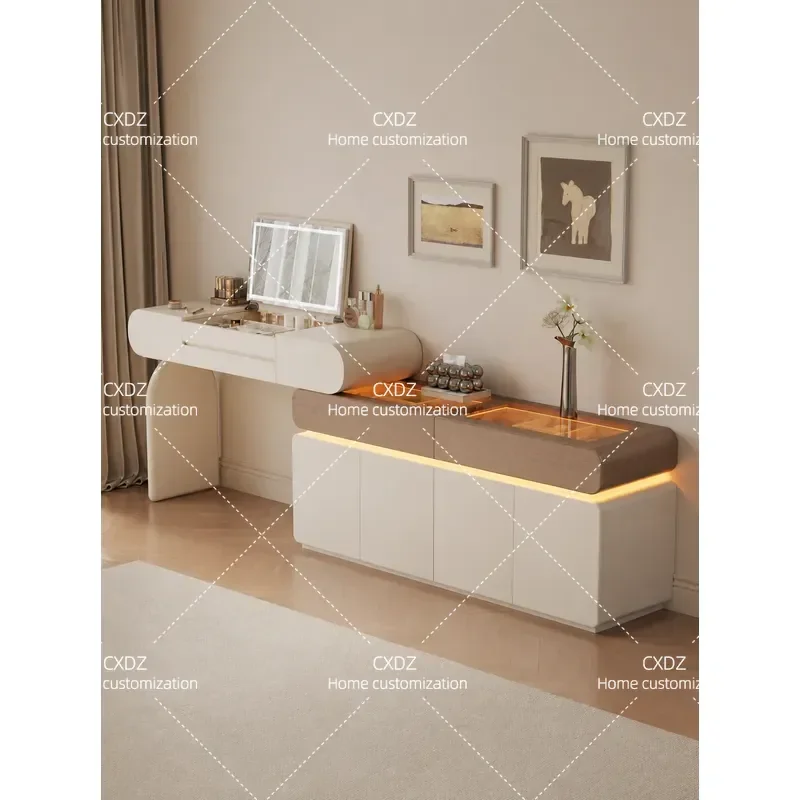 Solid Wood Bedside Cabinet with Integrated Light Retractable Flip Mirror Makeup Table Dresser for Bedroom Premium Storage
