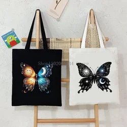 Vintage Gothic Sun Moon Butterfly Print Women Canvas Tote Bag Fashion Casual Shopping Handbag Butterfly Lover Teen Shoulder Bag