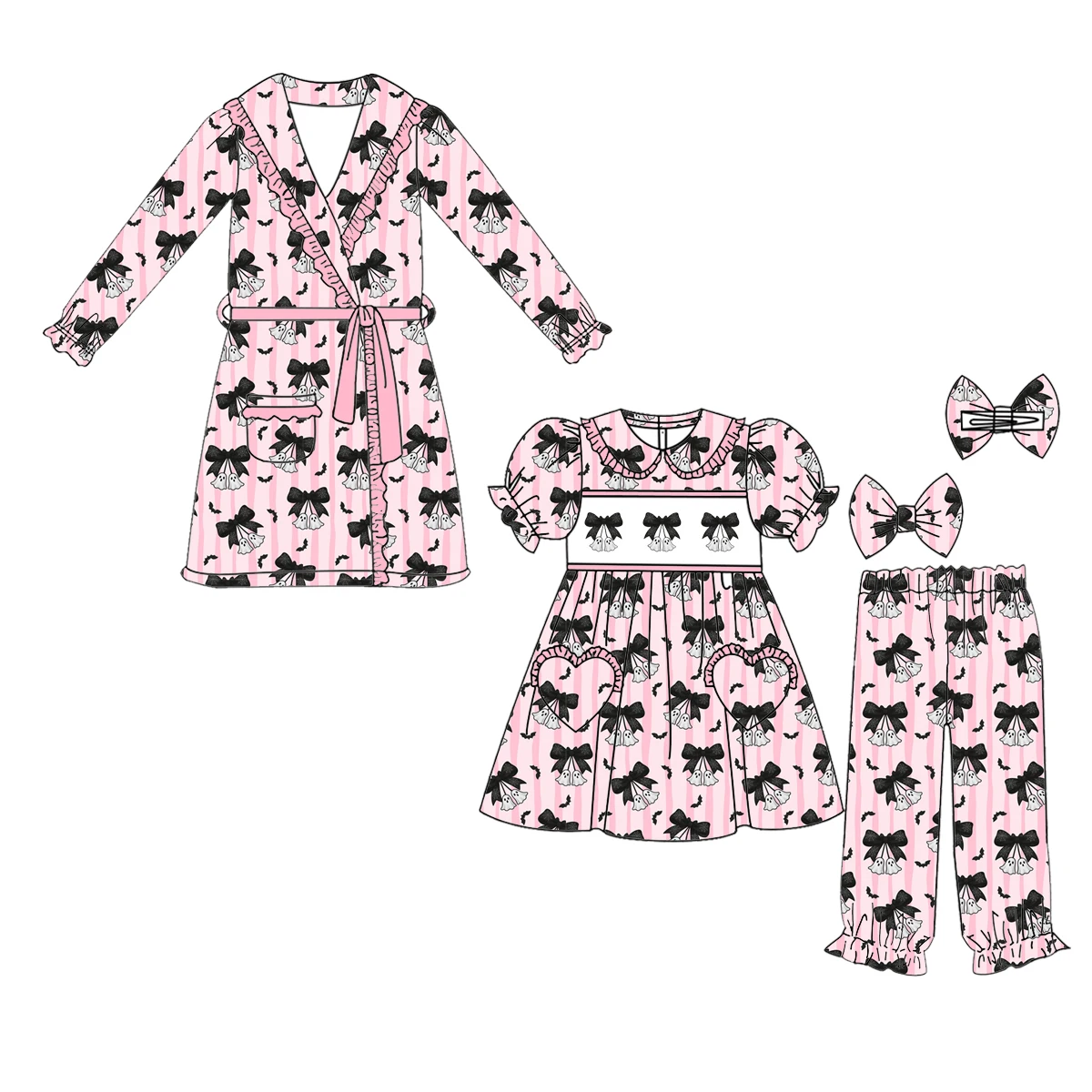 Girls' Halloween Costume Set Collar Short Sleeve Long Pants Pumpkin Ghost Print Long Sleeve Robe Kids Boutique Children Set
