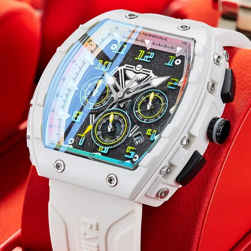 

Мужские часы MARK FAIRWHALE 5001: кварцевые, с бочкообразным циферблатом, хронографом, календарем, каучуковым ремешком и корпусом из полимерной смолы