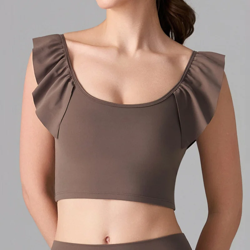 

PofyBofy Ruffle Sleeve U Neck Bra Crop Workout Tops Sleeveless Yoga Longline Sports Bra Low Back Running Athletic Shirt U-Back