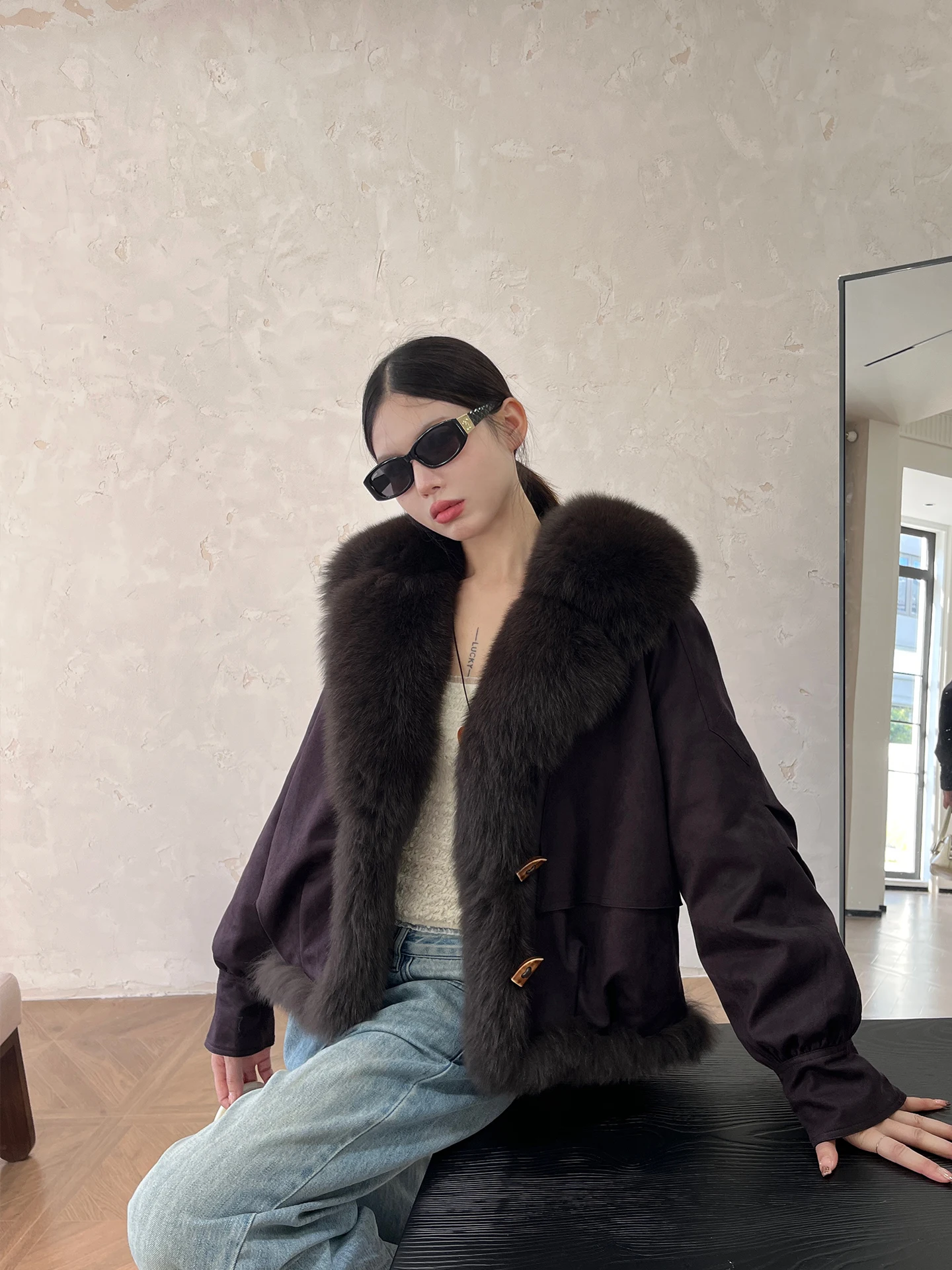 Parka courte surdimensionnée à col en fourrure de renard, ample et amincissante, avec rembourrage en duvet d'oie blanche, nouvelle collection