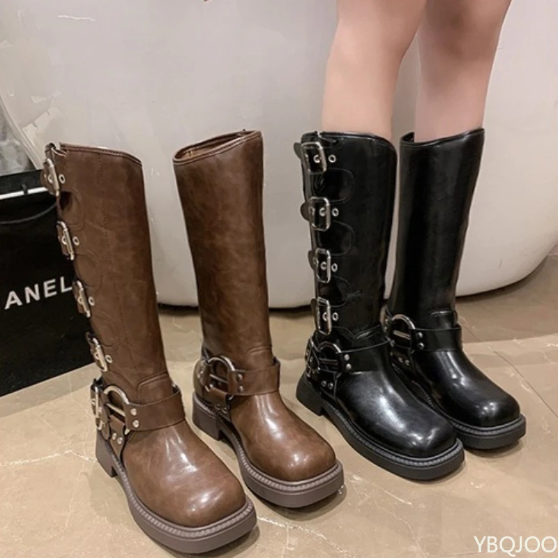 Fashionable Brown Retro Belt Buckle High Boots Waterproof Platform Height Increase Anti Slip Wear-resistant Western Cowboy Boots