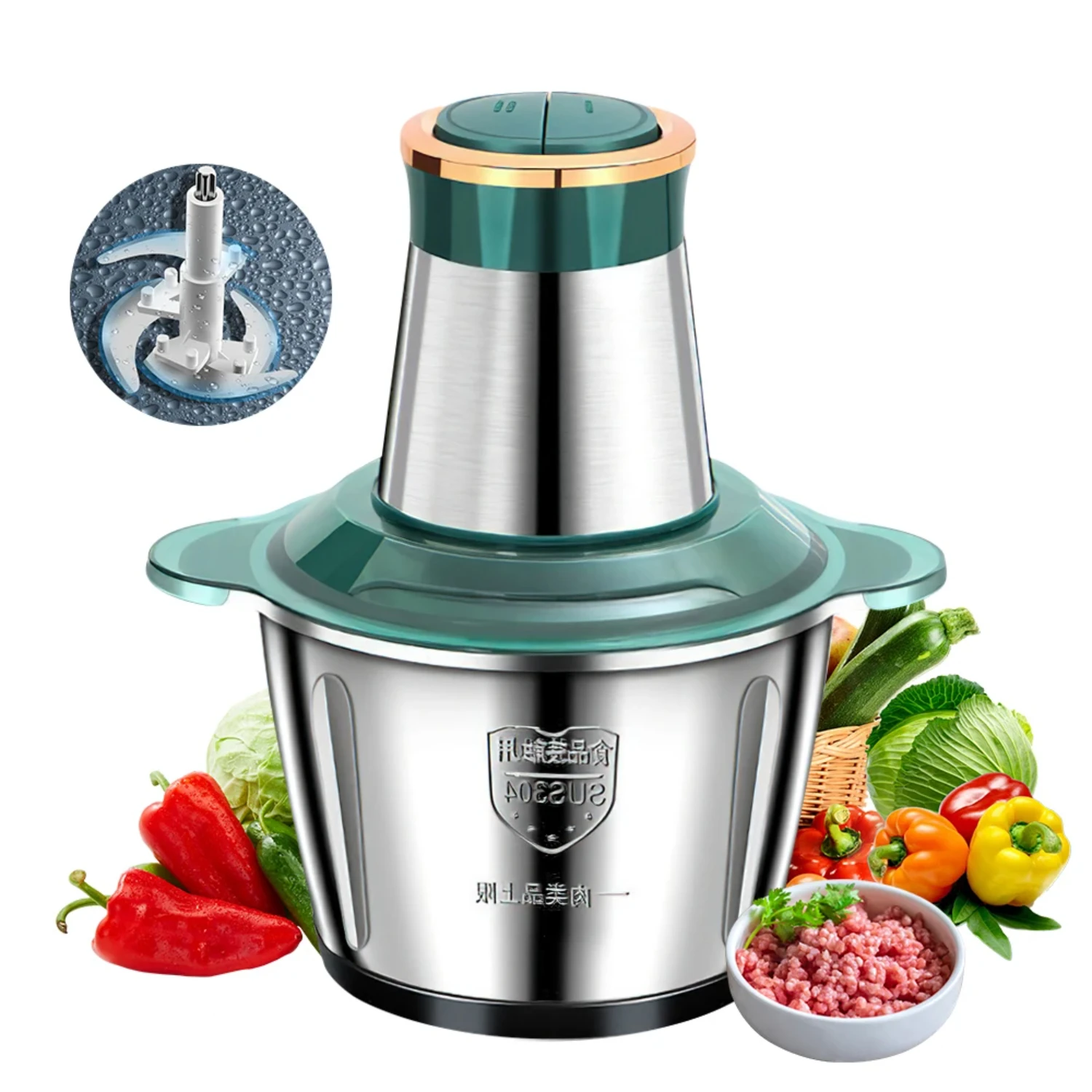 

New High Efficiency Stainless Steel Large Capacity Meat Mincer Grinder Chopper 2L Food Processor Garlic Mud Maker Blender Kitche