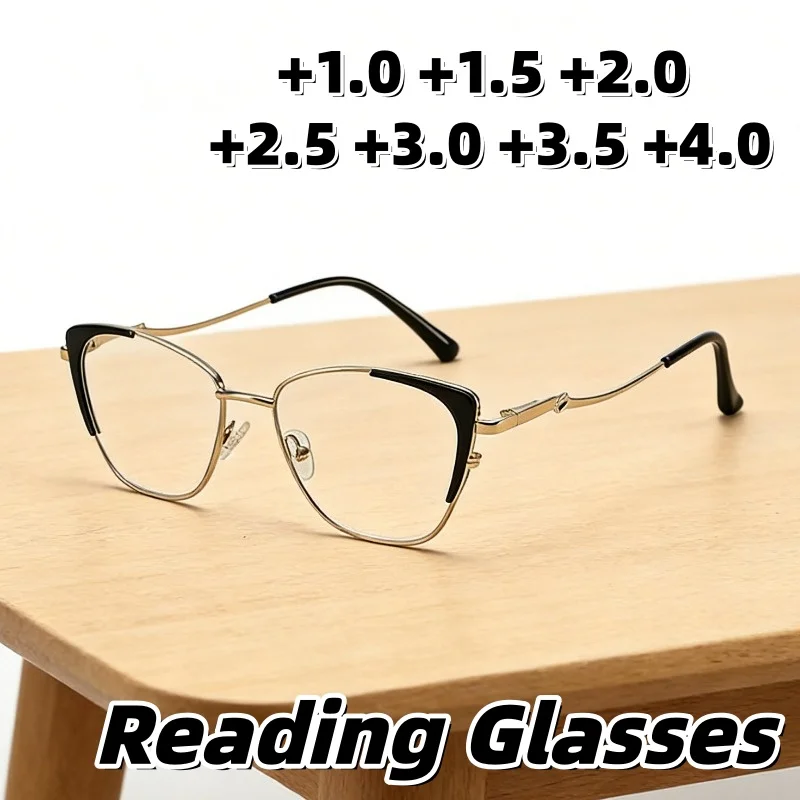 

New Metal Anti-Blue Light Presbyopia Glasses with Spring-Ups Stylish Cat-Eye High-Definition Reading Eyewear +1.0 To +4.0