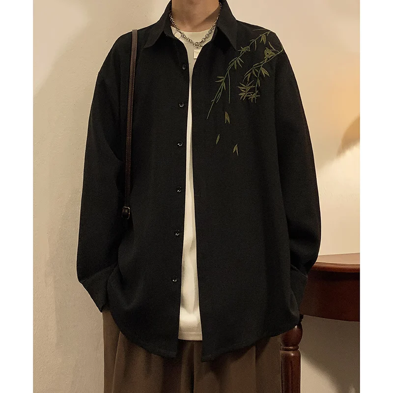 

Новая китайская мужская удлиненная рубашка-сорочка в стиле традиционного костюма Тан, модная свободная модель для молодежи, осенняя коллекция, верхняя одежда