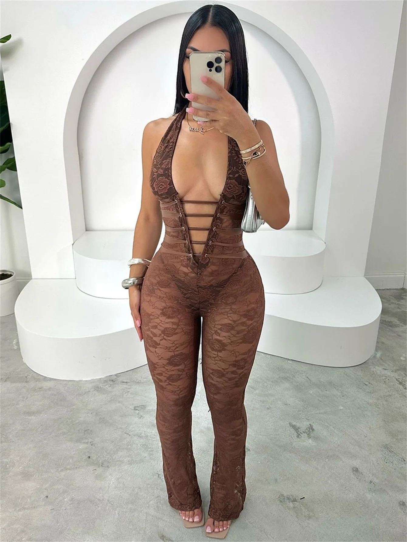 

Weird Puss Hollow Bandage Jumpsuits Women Halter Sexy Jacquard Backless Sleeveless Skinny Street Workout Club Hipster Overalls