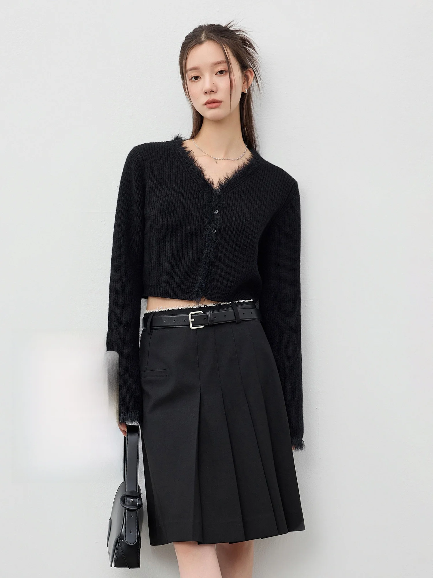 

Merino Wool Knitted ort Open Cardigan with Fringe Splicing Fruit Button Sweet Sle V-Ne Women's Sweater JUSLIN J0909