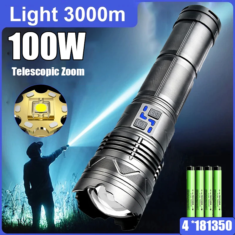 100W Powerful Telescopic Zoom LED Flashlight Type-c Rechargeable Lantern Tactical Long Range Torch for Outdoors Camping Fishing