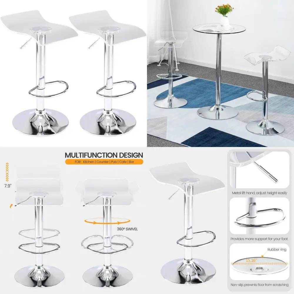 Set of 2 Transparent Acrylic Swivel Bar Stools, Adjustable Airlift Counter Height Chairs